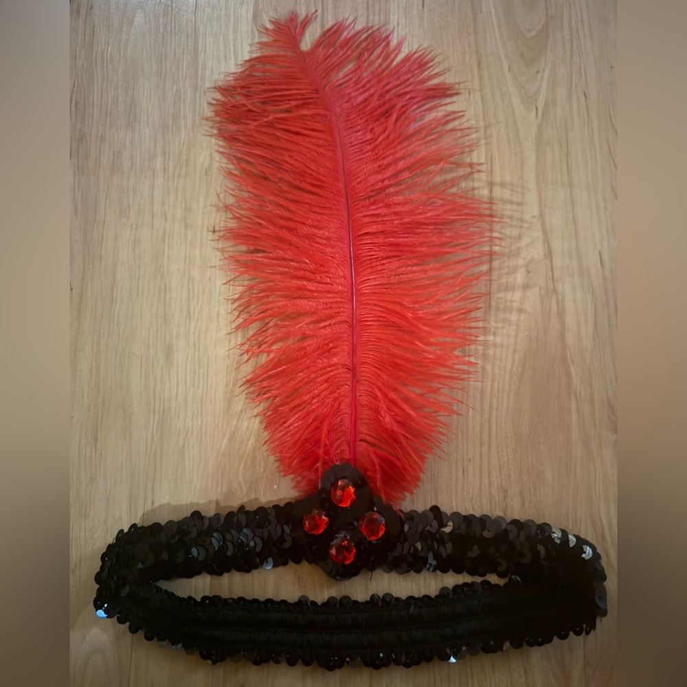 Flapper Headband Red Feather Res Jewels Black Sparkle Band